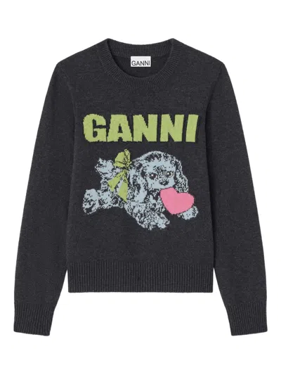 Ganni Puppy-logo Crew-neck Sweater In Black