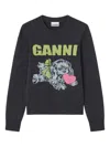 Ganni Playful Puppy Love Graphic Wool Blend Crewneck Sweater In Black