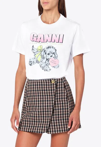 Ganni Graphic Print Crew Neck Short Sleeve Top In White