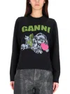 Ganni Playful Puppy Love Graphic Wool Blend Crewneck Sweater In Black