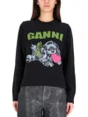 Ganni Playful Puppy Love Graphic Wool Blend Crewneck Sweater In Black