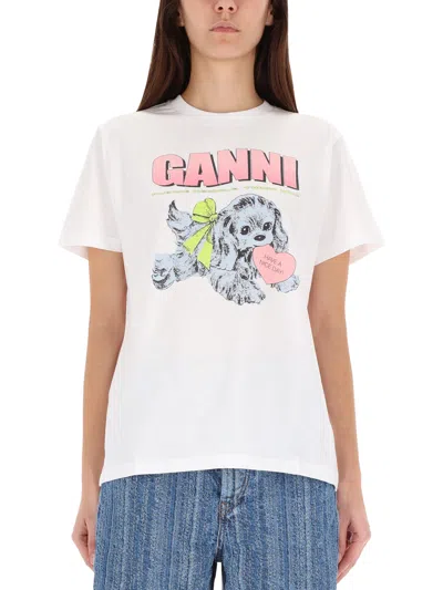 Ganni Women Puppy Print And Logo T-shirt In White