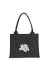 Ganni Black Large Black Shopper With Double Handles And Front Decoration In Cotton Woman