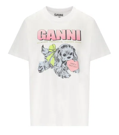 Ganni Women Puppy Print And Logo T-shirt In White