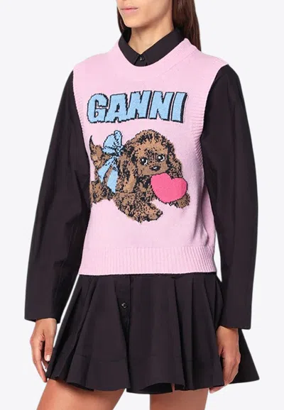 Ganni Puppy Wool-blend Crewneck Vest In Pink