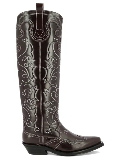 Ganni Purple Leather Cowboy Boots For Women, Fall/winter 2024 Collection In Maroon