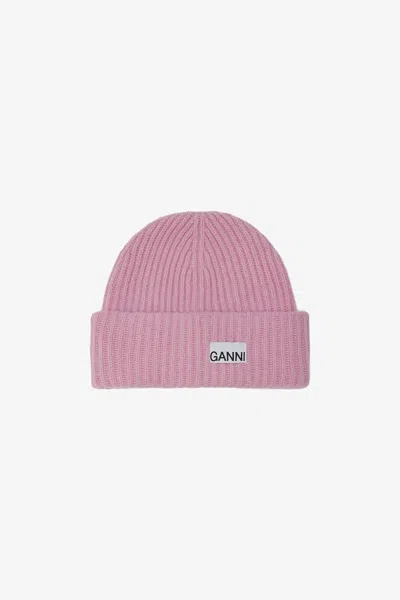 Ganni Purple Oversized Wool Rib Knit Beanie In Pink