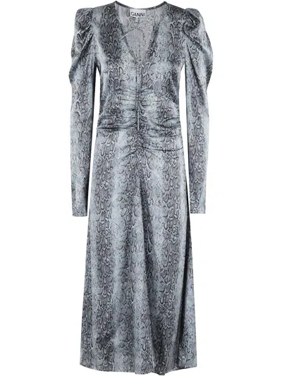 Ganni Python-print Dress In Blue