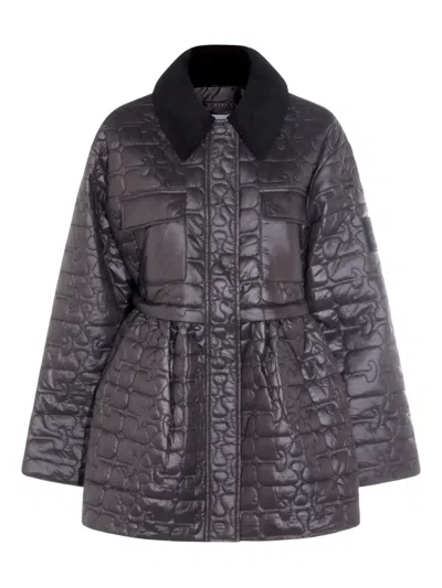Ganni Quilted Belted Oversized Coat In Gray