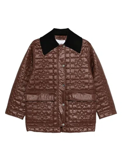 Ganni Quilted Coat With Contrasting Collar In Brown