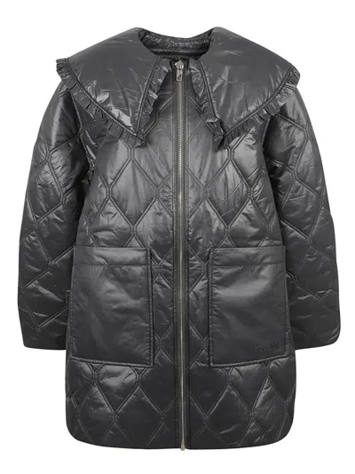 Ganni Quilted Coat With Oversized Ruffled Collar In Gray