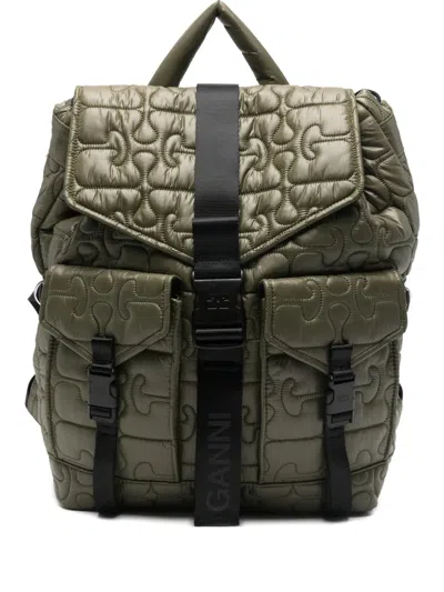 Ganni Nylon Backpack Quilt Pattern Top Handle In Green