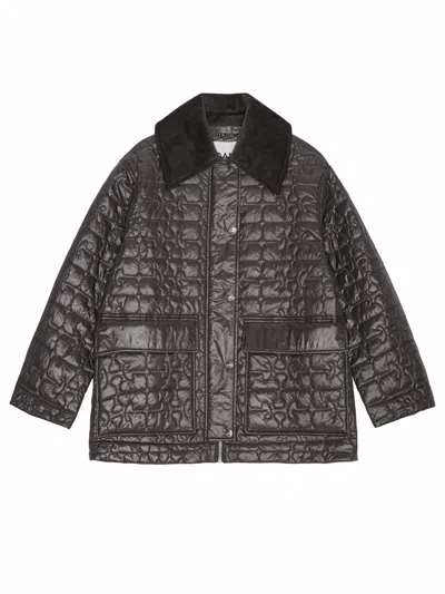 Ganni Quilted Midi Jacket In Gray
