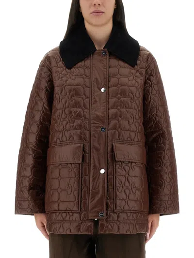 Ganni Corduroy-collar Shiny Quilted Jacket In Brown
