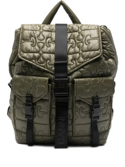 Ganni Quilted Nylon Backpack In Green