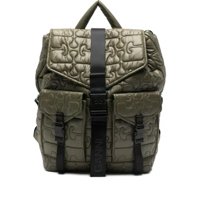 Ganni Quilted Nylon Backpack In Green