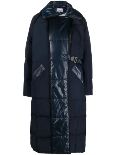 Ganni Navy Paneled Coat In Blue