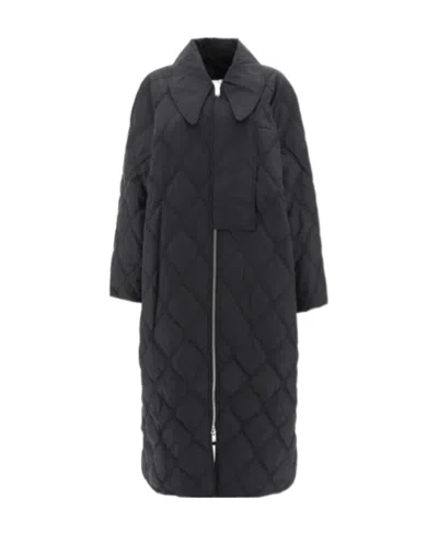 Ganni Quilted Recycled Ripstop Maxi Coat In Black