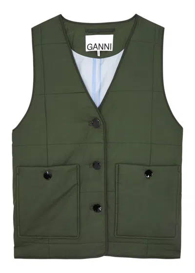 Ganni Green Quilt Vest In Dark Green