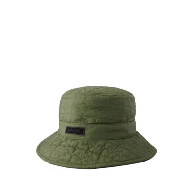 Ganni Green Quilted Tech Bucket Hat In Khaki