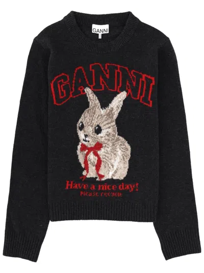 Ganni Rabbit-print Graphic Sweater In Black
