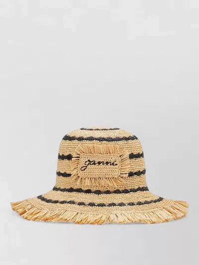 Ganni Raffia Stripe Bucket Hat Fringe Brim