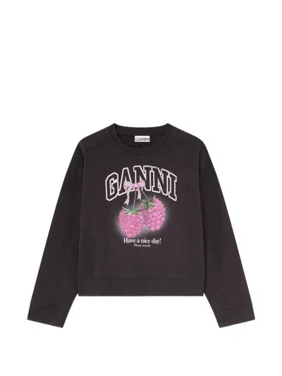 Ganni Cotton Sweatshirt Long Sleeves Crew Neck Print In Black