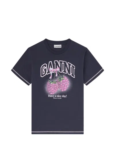 Ganni Raspberry Cotton T Shirt In Blue