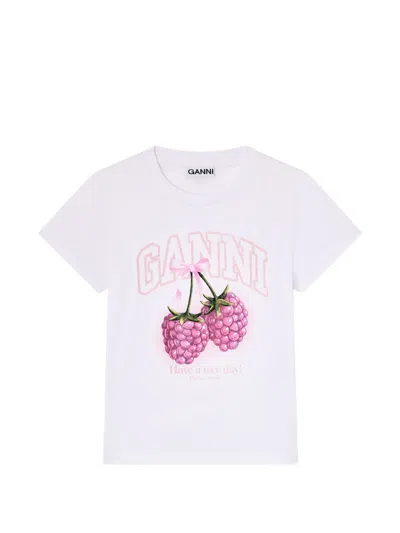 Ganni Cotton Crew Neck Graphic Print T-shirt In White