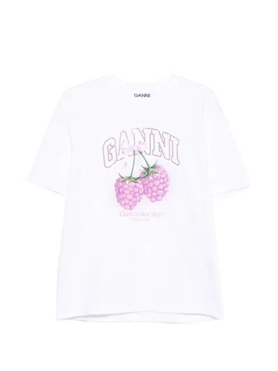 Ganni Baby Fit Raspberry T-shirt In Bright White