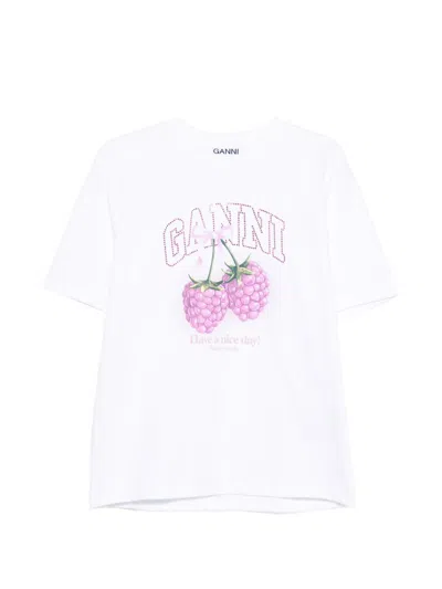 Ganni Cotton Crew Neck Graphic Print T-shirt In White