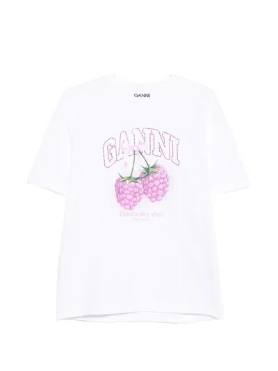 Ganni Cotton Crew Neck Graphic Print T-shirt In White