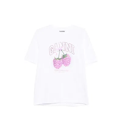Ganni Cotton Crew Neck Graphic Print T-shirt In White