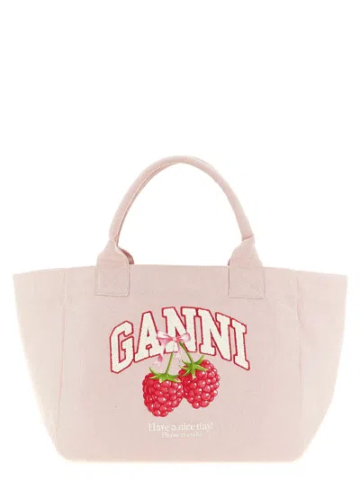 Ganni Raspberry-embroidered Canvas Tote Bag In Blue