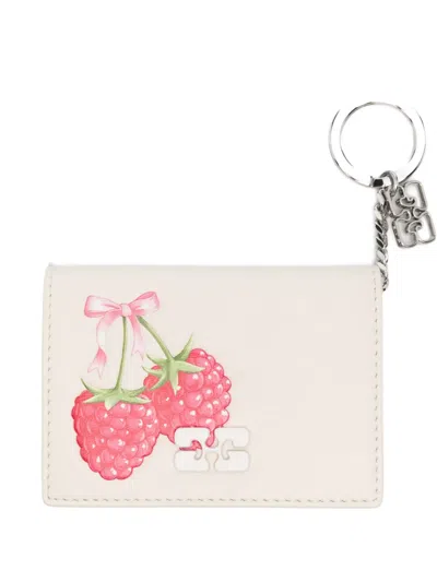 Ganni Raspberry-print Leather Wallet In Neutral