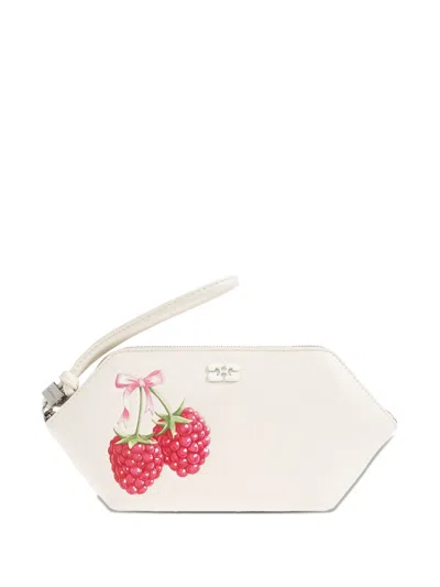 Ganni Raspberry-print Wristlet Pouch In White