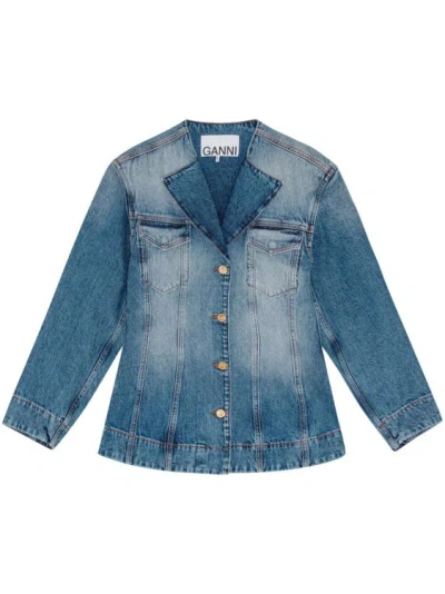 Ganni Raw-cut Denim Blazer In Blue