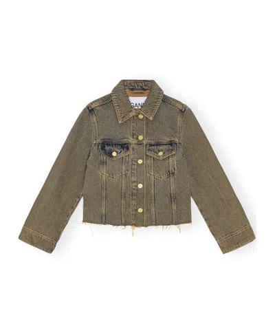 Ganni Raw-cut Hem Denim Jacket In Brown
