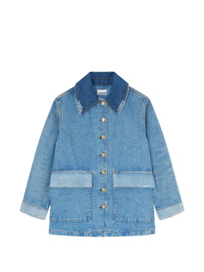 Ganni Raw-cut Denim Jacket In Blue