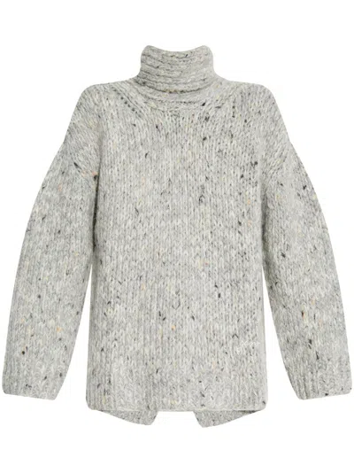 Ganni Rear Slit Roll Neck Sweater In Grey