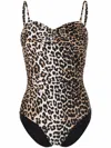 Ganni Recycled Core Printed Gathered Swimsuit In Brown