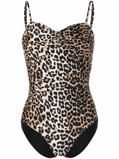 Ganni Recycled Core Printed Gathered Swimsuit In Brown