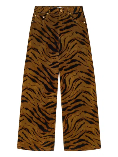 Ganni Zebra-print Cotton-blend Velveteen Wide-leg Pants In Brown