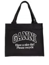 Ganni Women Black Shopper With Embroidered Logo On The Front In Denim Woman