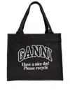 Ganni Black Shopper With Embroidered Logo On The Front In Gray