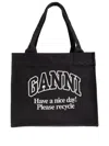 Ganni Black Shopper With Embroidered Logo On The Front In Black