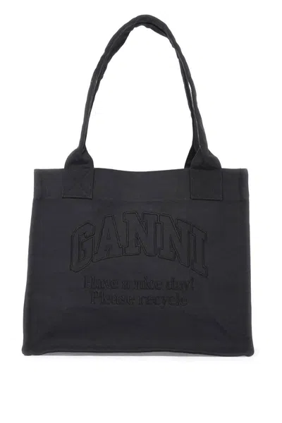 Ganni Recycled Cotton Tote Bag In In Black
