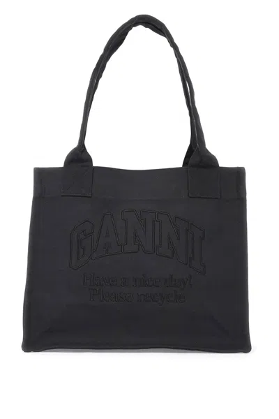 Ganni Recycled Cotton Tote Bag In In Black