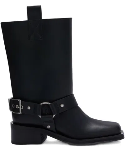 Ganni Recycled Leather Biker Boots In Black