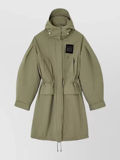 GANNI RECYCLED NYLON LONG HOODED COAT ADJUSTABLE WAIST
